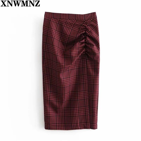 

autumn winter vintage plaid skirt women high waist package hip pencilskirt fold effect front split long skirts alt 210520, Black