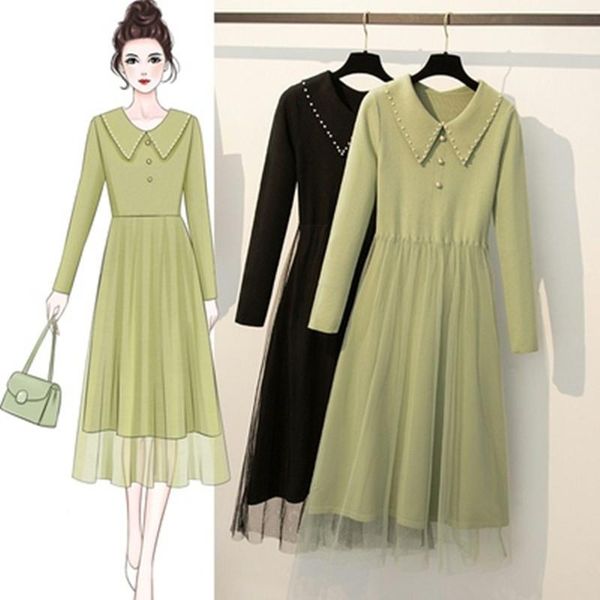 

plus size dresses fashion lapel beading women knitted 2021 fall winter elegant long sleeve splicing mesh pullovers sweater dress