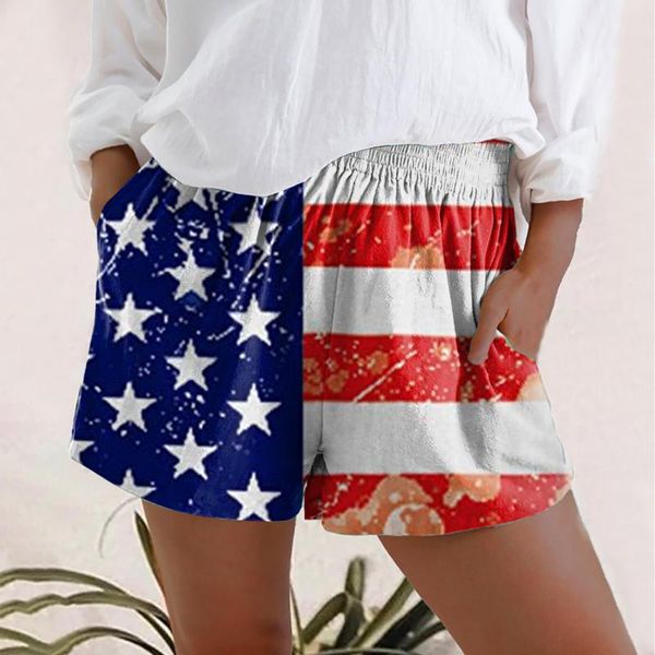 

women's shorts independence day women elastic high waist summer striped star flag print casual short loose, White;black