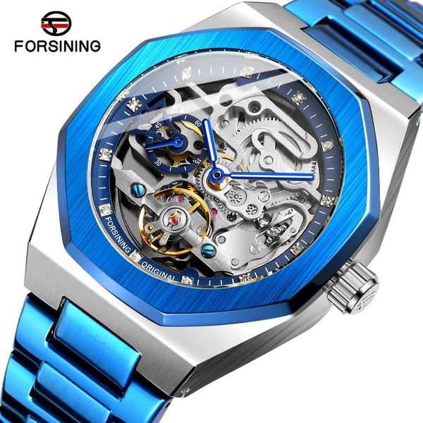 

wristwatches forsining brand men automatic watch luxury hollow mechanical men's gold stainless steel strap clock relogios masculino, Slivery;brown