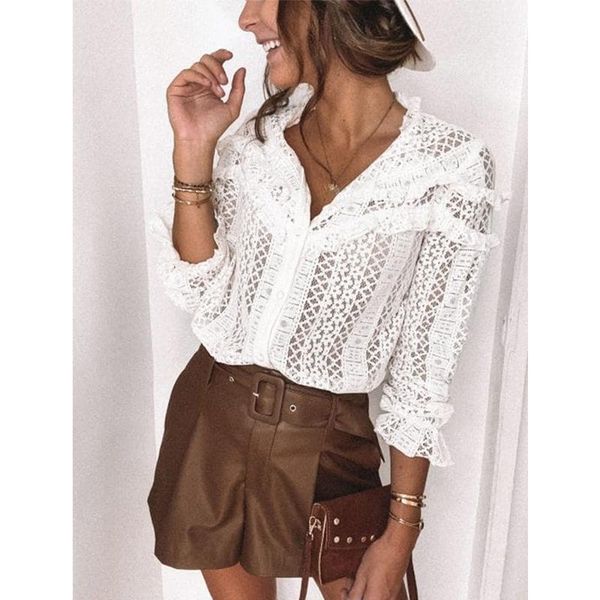 

women's blouses & shirts floral white shirt lace ruffles long sleeve single breasted for women elegant hollow out blouse spring 2021