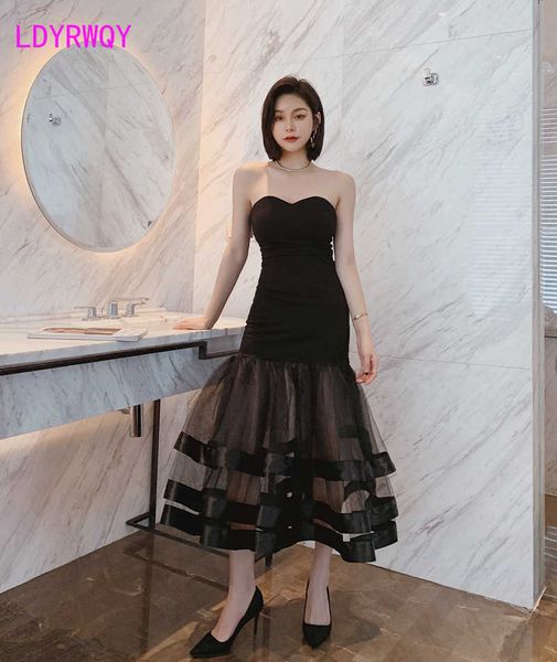 

pack hips show thin tube dress net fishtail wrapped chest ankle-length zippers sleeveless sheath office lady 210603, Black;gray