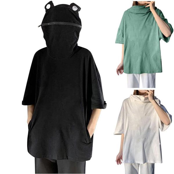

women's t-shirt summer women cute kawaii cartoon frogs printed hooded with zipper fashion short sleeve pockets pullover harajuku, White