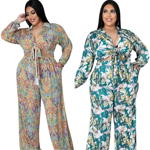 

women's two piece pants lace-up bow-knot flower print two-piece suit style plus size long-sleeved trousers for autumn, White