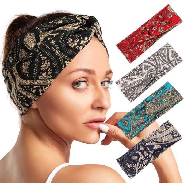 

european and american bohemian style printed cross women's headband sports elastic fabric wide edge knot hair accessories, Silver