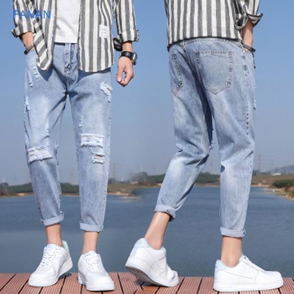 

men's jeans summer 2021 with holes trendy slim legged capris casual thin, Blue