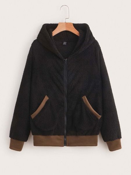 

contrast panel zipper hooded teddy jacket c2xp#, Black;brown