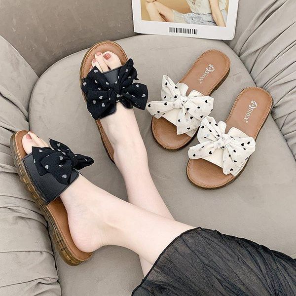 

genuine leather slippers women summer sandals bow-knot thick soles flat platform female floral beach flip flops 5508, Black