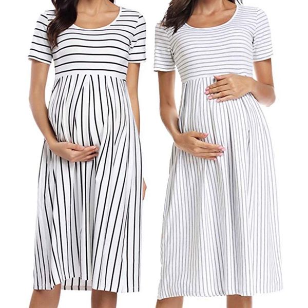 

maternity dresses pregnant women's short sleeve striped knee-length a-line dress casual clothes pregnancy clothing, White