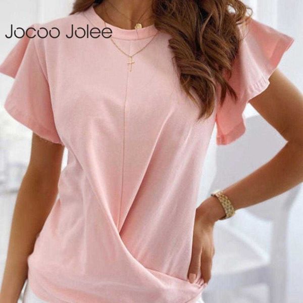 

jocoo jolee women summer pleated casual elegant solid o neck flare short sleeve basic t-shirt loose office lady 210619, White