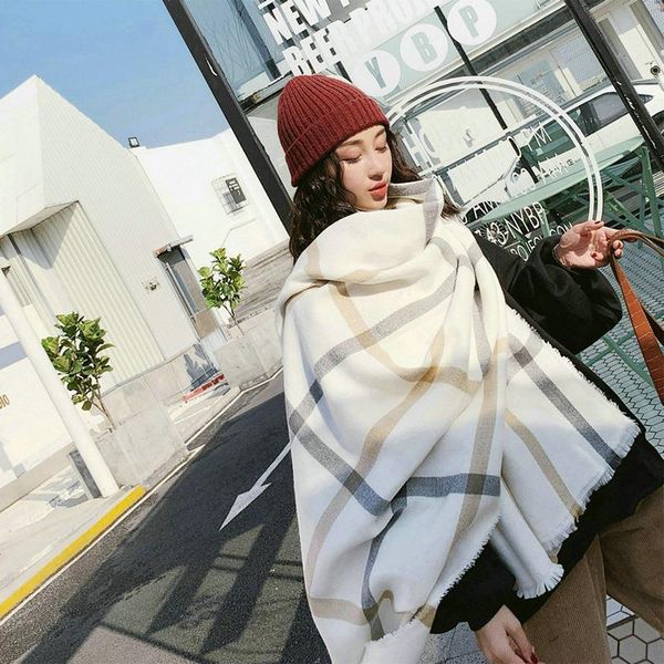 

scarves imitation cashmere women vintage plaid winter warm shawl long wrap bandana scarf comfortable casual wild female thick blanket, Blue;gray