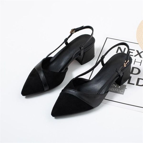 

sandals women's buckle low thick heel versatile 2021 spring and summer european american style pointed head shoes, Black