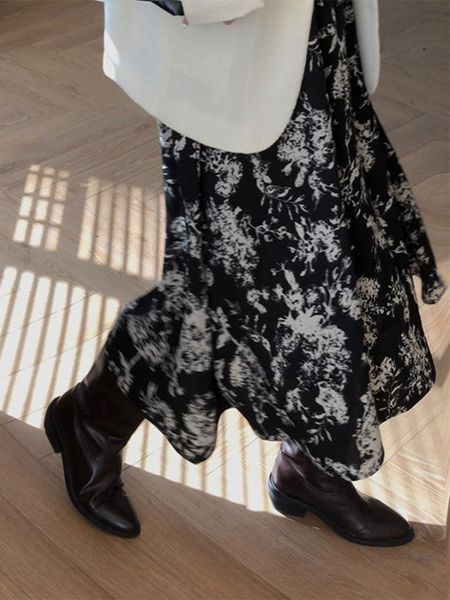 

skirts women slim a line high waist floral print chiffon skirt vintage fashion korean chic wild thin mujer faldas mid length, Black