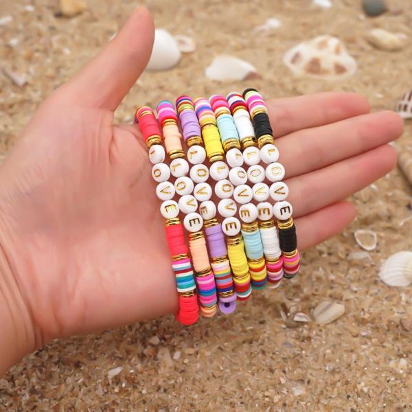 

beaded, strands tarcliy bohemian candy color 6mm soft pottery bracelet for women simple retro acrylic letter, Black