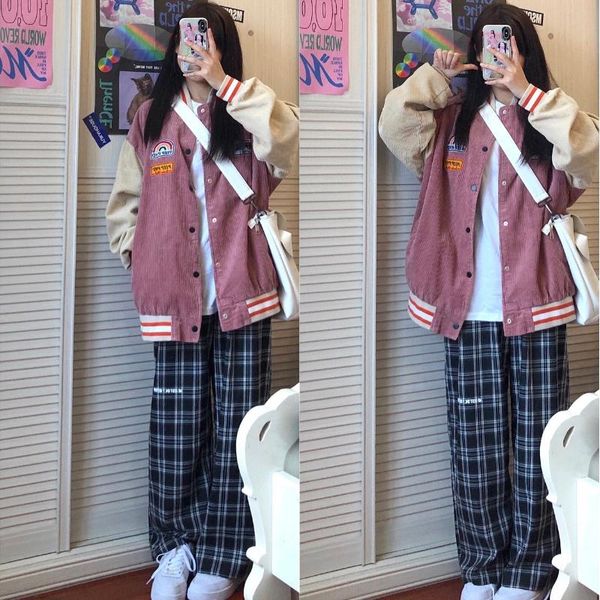 

women's jackets baseball corduroy loose contrast stitching sports hip hop neutral bf harajuku short coat fashion, Black;brown