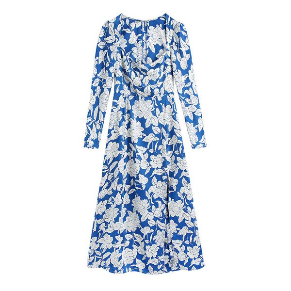 

fashion floral print midi dress women summer square collar long sleeve female side slit dresses vestido feminino 210430, Black;gray