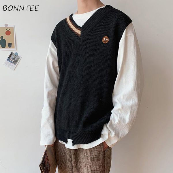 

men's vests sweater vest men preppy embroidered cartoon face v-neck dk uniform knit autumn male sleeveless vintage loose trendy cozy, Black;white