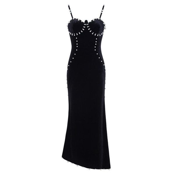 

casual dresses spaghetti straps bare back pearl beaded black velvet tight bodycon long maxi party dress, Black;gray