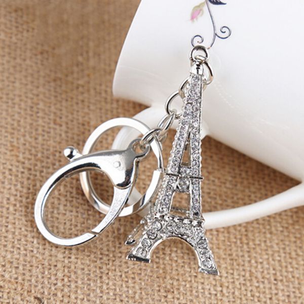 

s eiffel tower rhinestone keychain charm pendant purse bag gifts women jewelry souvenirs key holder creative key rings, Silver