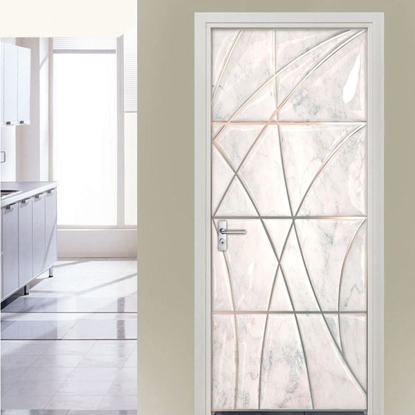 3D наклейка двери ПВХ водонепроницаемый самоклеящийся мрамор геометрические искусства роспись наклейки на стене гостиная спальня дверные наклейки обои 210317