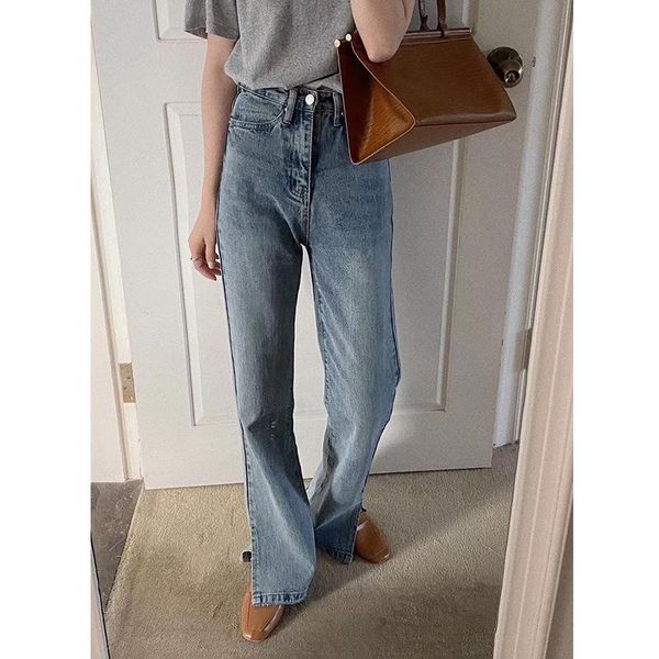 

women's jeans 2021 summer retro split bootleg show thin waist loose wide-legged pants of straight sweep the floor, Blue
