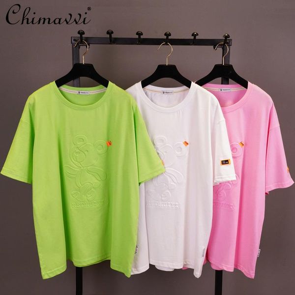 

women's t-shirt 2021 summer loose solid color t shirt short sleeve large cartoon female round neck plus size, White