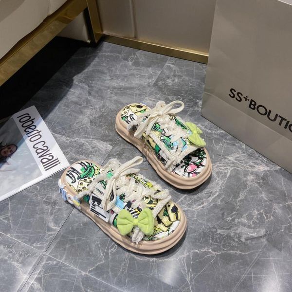 

slippers sandals women's summer flat 2021 canvas shoes wild graffiti fashion open toe thick bottom increased, Black
