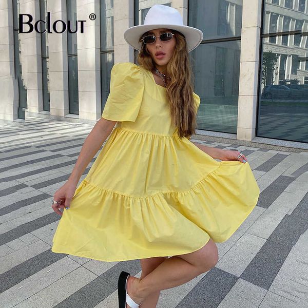 Bclout Vintage Puff Sleeve Abito corto Donna Giallo A-Line Colletto quadrato Camicia Abiti Autunno Sexy Pieghettato Abito con lacci 210709