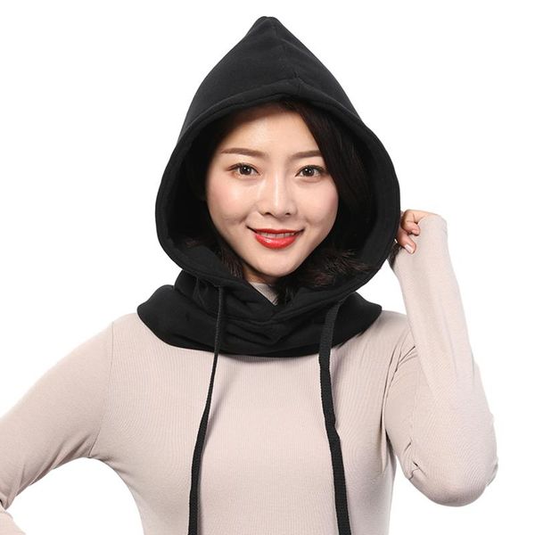

beanies winter thick hat warm ear neck protection women men 2 layer hooded collar removable drawstring cap