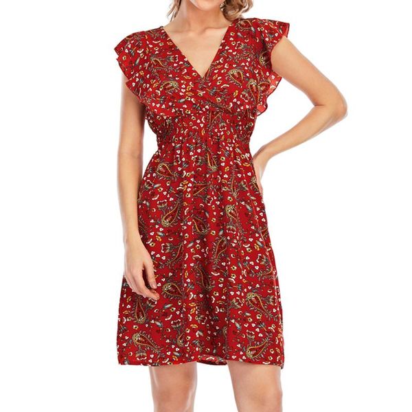 

casual dresses summer woman floral v-neck multi-color chiffon print sleeveless petal sleeve midi dress female beach holiday, Black;gray