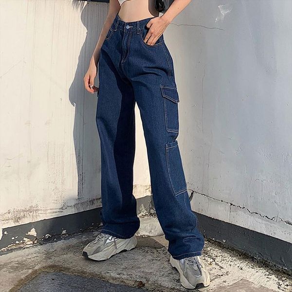 

muyogrt jeans pockets straight baggy womens shorts denim high waist pant casual loose cargo long trouser streetwear, White;black