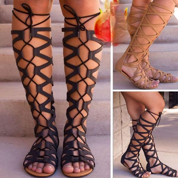 

sandals 2021 roman gladiator bandage women knee high flat sandalias botas femininas shoes girls summer hollow ankle boot, Black