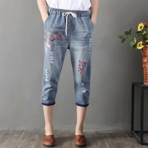 

women jeans 2021 summer oversize harem pants fashion casual clothes female denim holes cranes embroidery plus size bottoms women's, Blue