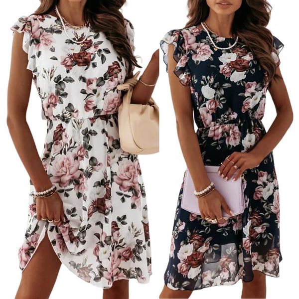 

casual dresses women summer dress, floral round-neck sleeveless flounce slim-waist jumper skirt for girls, black/white, Black;gray