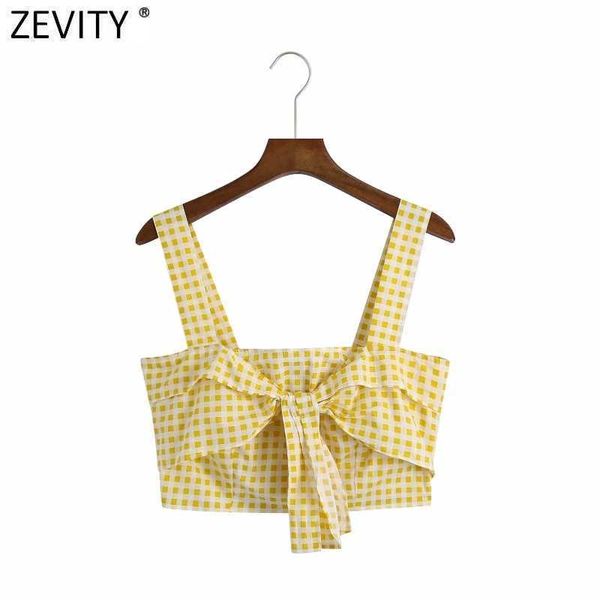 Zevity Французский стиль женщины сладкий поклон завязан к клетку принт желтый короткий Smock блузка женская шикарная стрижка рубашка шикарный Blusas Tops LS9160 210603