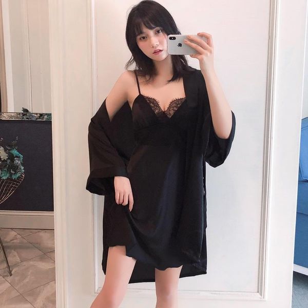 

women's sleepwear women 2pcs pajamas set v-neck nighties wear lace princess with chest pad suspenders, Black;red