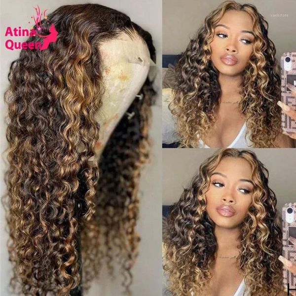 

deep part curly omber honey blonde hd transparent lace wig highlight glueless colored brazilian human hair bounce culrs remy1, Black;brown