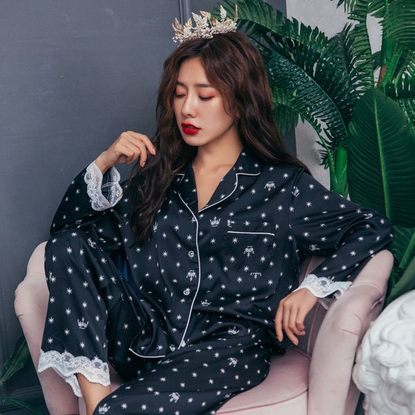 

crown star printed sleepwear suit spring autumn rayon silk long sleeve pant homewear nightwear pajamas pyjama set, Black;red