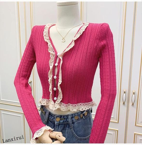 

women ruffles v neck lace sweaters patchwork cardigan contrast color long sleeeve knitting summer short clothes, White;black