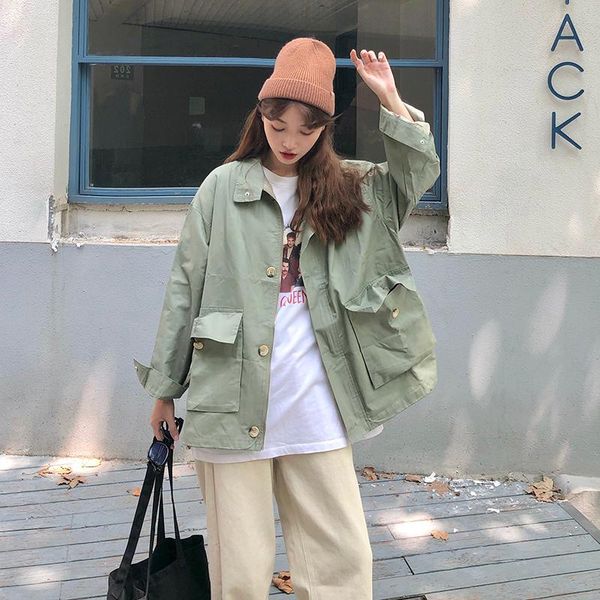 

women's jackets korean style loose cargo jacket women streetwear batwing long sleeve pockets coat vintage autumn winter casual, Black;brown