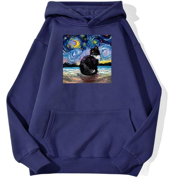 

women's hoodies & sweatshirts oil painting cat creative print hoodie female street hip hop hoody casual sport loose for women, Black