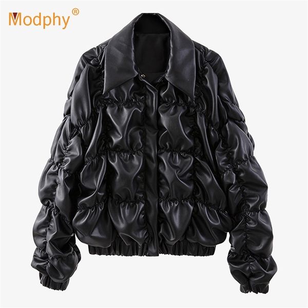 

pu leather ruched jacket for women lapel long sleeve casual solid jackets coat female spring autumn fashion clothing 210527, Black;brown