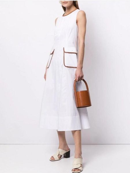 

casual dresses o neck summer dress simple sleeveless patchwork big pockets slim long for women hem white, Black;gray