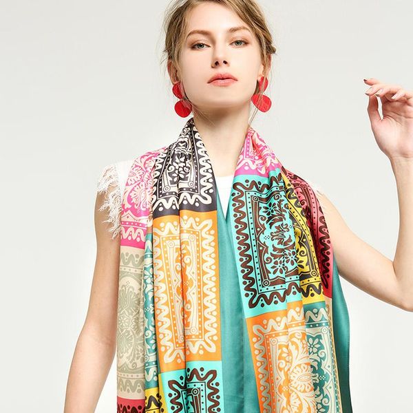 

scarves printed twill square pattern scarf women geometric spring and autumn ladies silk classic shawl, Blue;gray