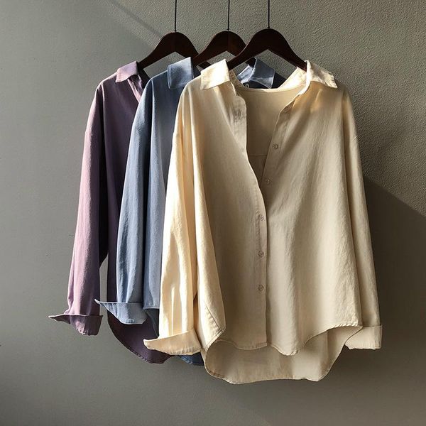 

women's blouses & shirts 100% cotton korean elegant simple women 2021 spring fashion long sleeve loose casual blouse 80075, White