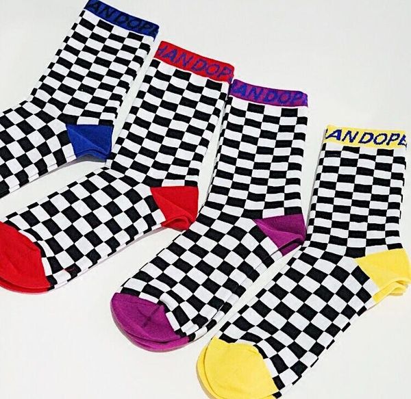 

men's socks street fashion cotton middle crew mid yellow blue purplish red purple black white plaid attice check chequer