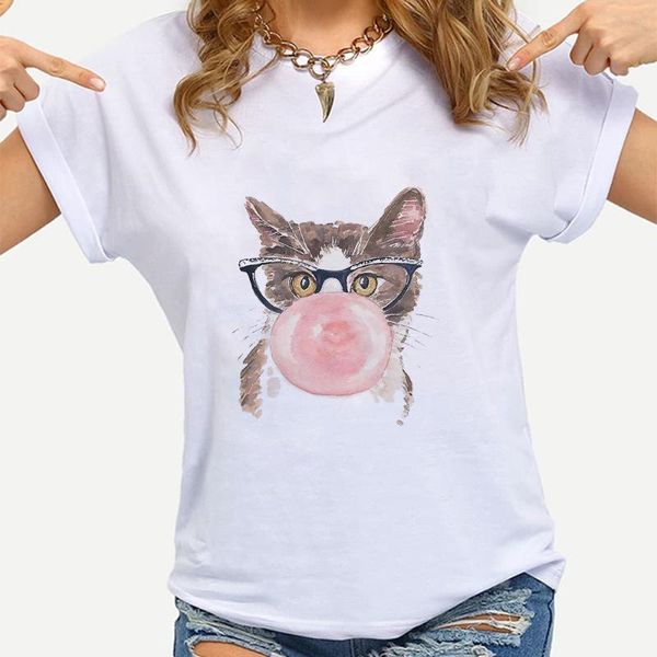 

women's t-shirt aesthetic little cat print casual tshirt tumblr women summer white oversize cute shirts for teens funny blowing bubble