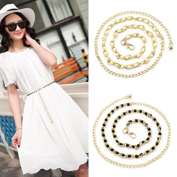 

belts 1pcs elegant women strap dress belt ladies metal adjustable thin waist chain pearl decorative clothess accessories, Black;brown