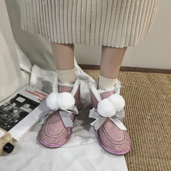 

boots snow for women -women female shoes round toe winter footwear bling ladies mid calf rubber low sjmw, Black