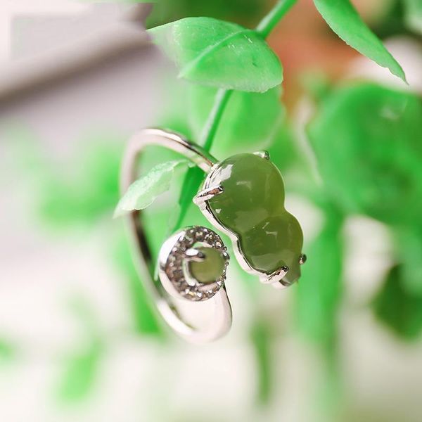 

cluster rings silver inlaid natural hetian white chalcedony gourd opening adjustable ring chinese retro charm women's brand jewelry, Golden;silver